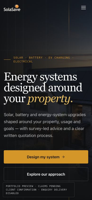 Solasave responsive pre-launch website at the mobile breakpoint.